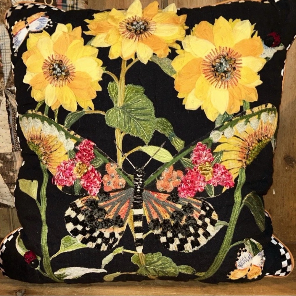 Mackenzie Childs Appliqué and Embroidered Monarch Butterfly Pillow 20x20